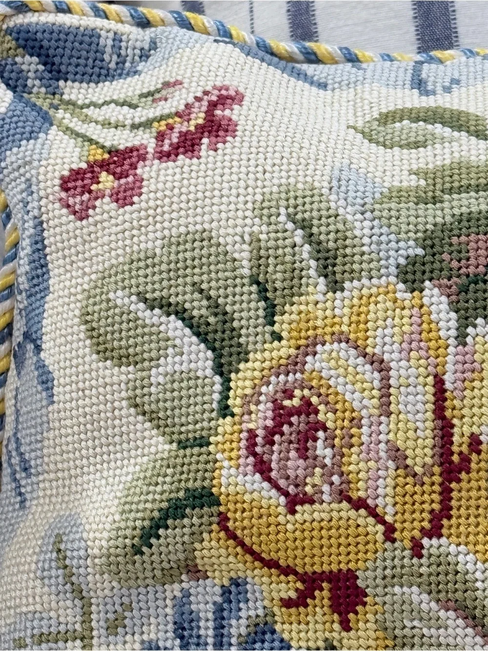 Needlepoint Floral Bouquet Square Accent Pillow Blue